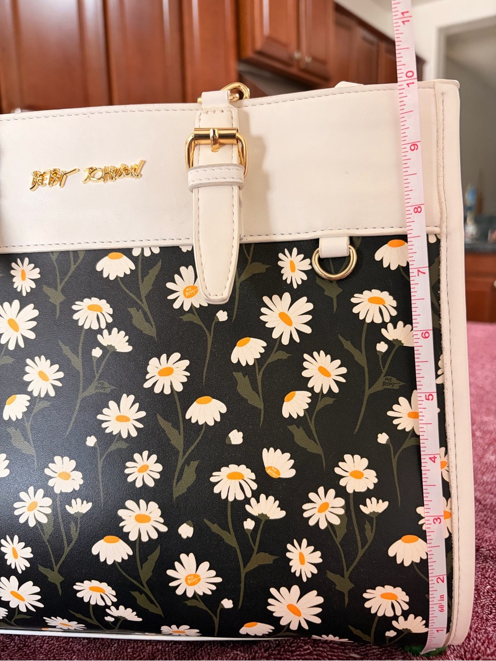 Betsey Johnson Black Tote with Cream Trim & White Daisy Print - Picture 2 of 11